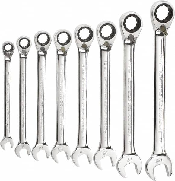 GearWrench - 8 Piece, 8mm to 19mm, 12 Point Reversible Ratcheting Combination Wrench Set - Metric Measurement Standard, Chrome Finish - Strong Tooling