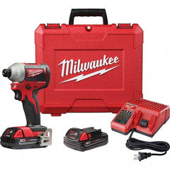 Milwaukee Tool - 18 Volt, 1/4" Drive, 133 Ft/Lb Torque, Cordless Impact Driver - Pistol Grip Handle, 3200 RPM, 2 Lithium-Ion Batteries Included - Strong Tooling