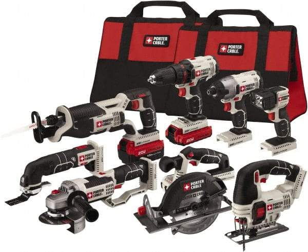 Porter-Cable - 20 Volt Cordless Tool Combination Kit - Includes 1/2" Drill/Driver, 1/4" Impact Driver, 6-1/2" Circular Saw, Reciprocating Tiger Saw, Jig Saw, Oscillating Multi-Tool, Cut-Off Tool/Grinder & Flashlight, Lithium-Ion Battery Included - Strong Tooling