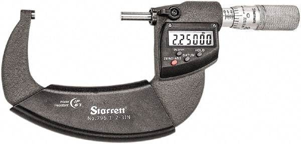 Starrett - 2 to 3" Range, Standard Throat IP67 Electronic Outside Micrometer - Friction Thimble, Carbide Face, CR2032 Battery - Strong Tooling