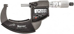 Starrett - 1 to 2" Range, Standard Throat IP67 Electronic Outside Micrometer - Ratchet Stop Thimble, Carbide Face, CR2032 Battery - Strong Tooling