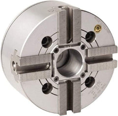 Bison - 4 Jaw, 6.65" Chuck Diam, Plain Back Mount, 45mm Through Hole Diam, Drawtube Hydraulic Power Lathe Chuck - 1.5mm x 60° Serrated Jaw Interface, 0.5905 to 6.7716" Jaw Capacity, 5,000 RPM, High Speed Steel Body - Strong Tooling