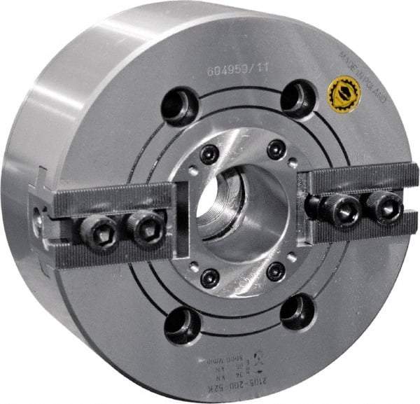 Bison - 2 Jaw, 6.65" Chuck Diam, Plain Back Mount, 45mm Through Hole Diam, Drawtube Hydraulic Power Lathe Chuck - 1.5mm x 60° Serrated Jaw Interface, 0.5905 to 6.7716" Jaw Capacity, 6,000 RPM, High Speed Steel Body - Strong Tooling