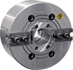 Bison - 2 Jaw, 10" Chuck Diam, Plain Back Mount, 75mm Through Hole Diam, Drawtube Hydraulic Power Lathe Chuck - 1.5mm x 60° Serrated Jaw Interface, 0.8661 to 9.8031" Jaw Capacity, 4,200 RPM, High Speed Steel Body - Strong Tooling