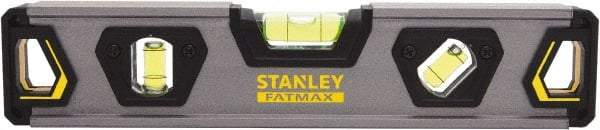 Stanley - 9" Long 3 Vial Torpedo Level - Aluminum, Black/Silver/Yellow, 1 45°, 1 Level & 1 Plumb Vials - Strong Tooling