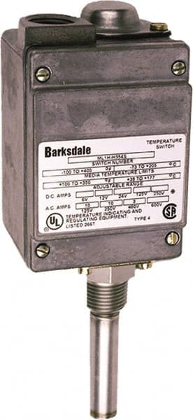 Barksdale - 150 to 450°F Local Mount Temperature Switch - 1/2" NPT, 9/16 x 2-25/32 Rigid Stem, Brass, ±1% of mid-60% of F.S. - Strong Tooling