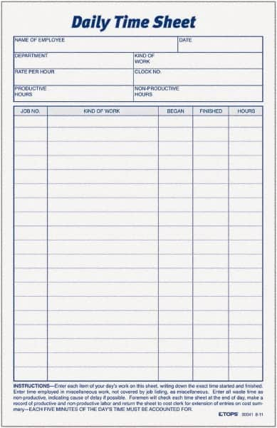 TOPS - 5-1/2" High x 8-1/2" Wide Daily Time & Job Sheets - Gray, White, Use with Manual Entries - Strong Tooling