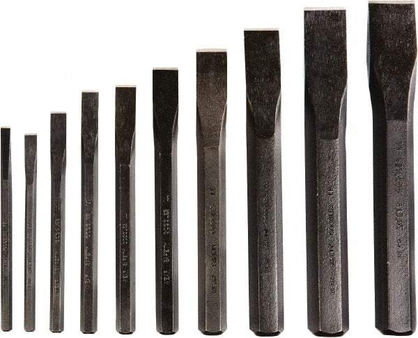 GearWrench - 10 Piece Cold Chisel Set - 5, 5-1/8, 6, 6-1/2, 7, 7-1/2 & 8" OAL, Alloy Steel, Sizes Included 1/4 to 1-1/8" - Strong Tooling