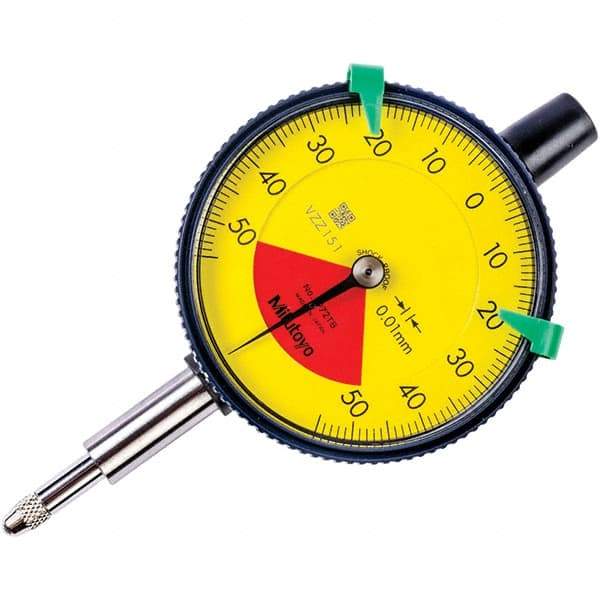 Mitutoyo - 1mm Range, 50-0-50 Dial Reading, 0.01mm Graduation Dial Drop Indicator - 57mm Dial, 1.4mm Range per Revolution, 0.04mm Accuracy - Strong Tooling