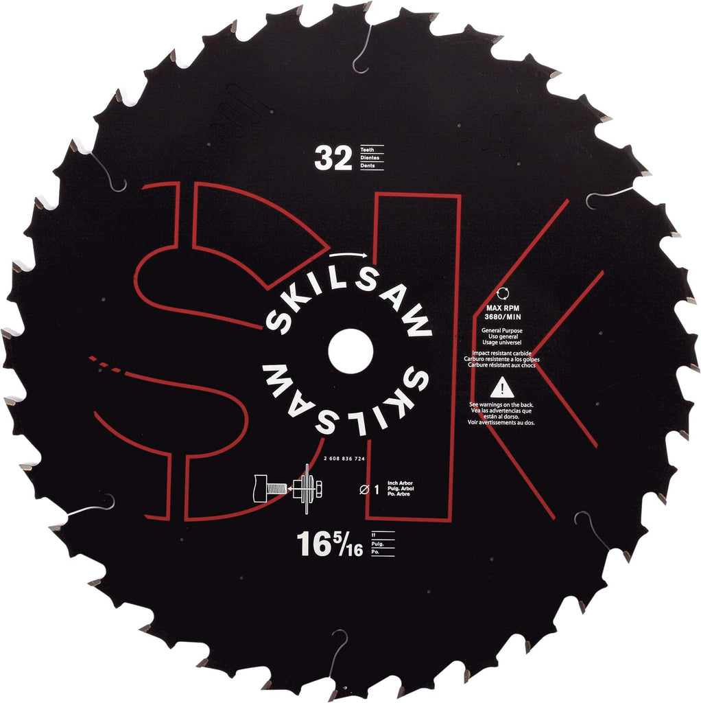 Skilsaw - 16-5/16" Diam, 1" Arbor Hole Diam, 32 Tooth Wet & Dry Cut Saw Blade - Carbide-Tipped, Cutoff Action, Standard Round Arbor - Strong Tooling