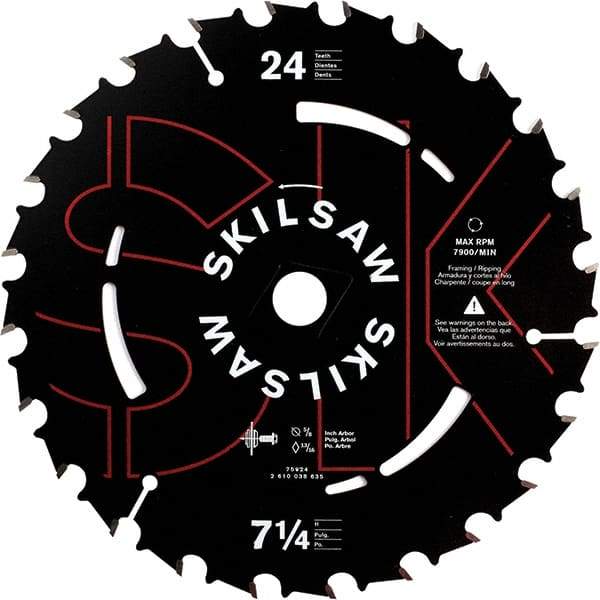 Skilsaw - 7-1/4" Diam, 5/8" Arbor Hole Diam, 24 Tooth Wet & Dry Cut Saw Blade - Carbide-Tipped, Cutoff Action, Diamond Arbor - Strong Tooling