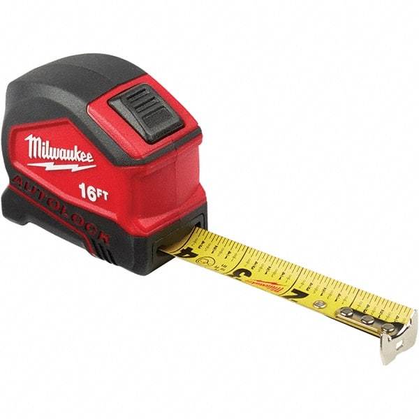 Milwaukee Tool - 16' x 1" Yellow Steel Blade Tape Measure - 1/16" & 1/10' Graduation, Inch Graduation Style, Red/Black Plastic Case - Strong Tooling