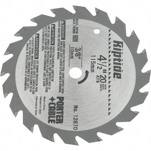 Porter-Cable - 4-1/2" Diam, 3/8" Arbor Hole Diam, 20 Tooth Wet & Dry Cut Saw Blade - Carbide-Tipped, Ripping Action, Standard Round Arbor - Strong Tooling