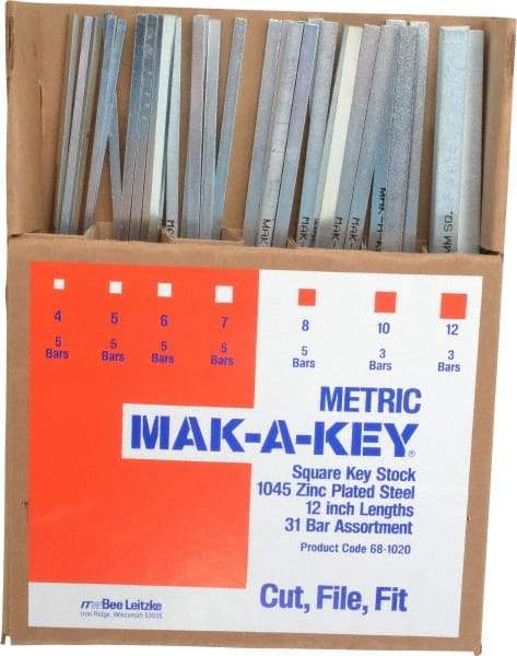 Made in USA - 12" Long, Zinc-Plated Key Stock Assortment - C1045 Steel - Strong Tooling