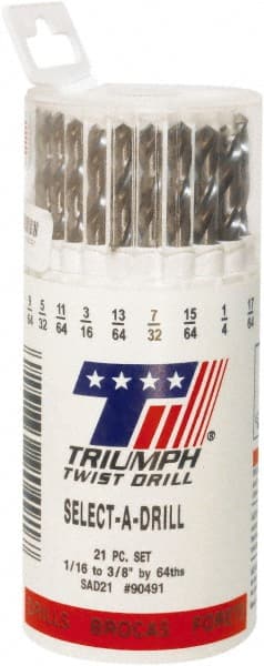 Triumph Twist Drill - 1/16 to 3/8", 135° Point, Bright Finish, High Speed Steel Jobber Length Drill Bit Set - Strong Tooling