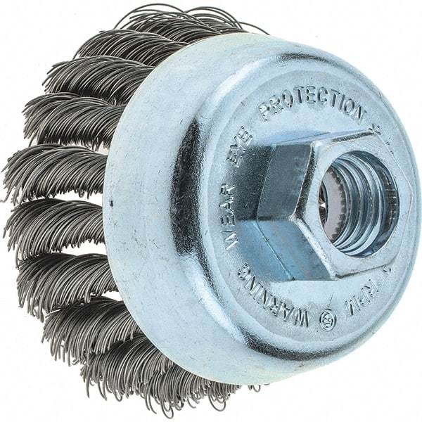 Tru-Maxx - 2-3/4" Diam, 5/8-11 Threaded Arbor, Steel Fill Cup Brush - 0.014 Wire Diam, 1" Trim Length, 14,000 Max RPM - Strong Tooling