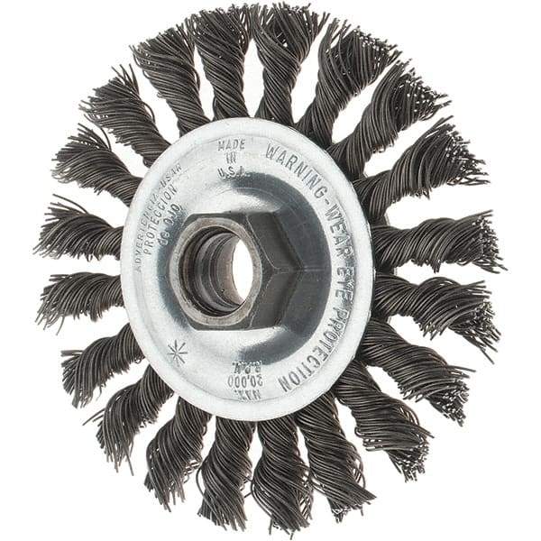 Tru-Maxx - 4" OD, 5/8-11 Arbor Hole, Knotted Steel Wheel Brush - 1/2" Face Width, 7/8" Trim Length, 0.02" Filament Diam, 20,000 RPM - Strong Tooling