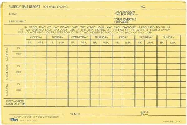 TOPS - 29/32" High x 6-51/64" Wide Weekly Time Cards - Use with Manual Time Record - Strong Tooling