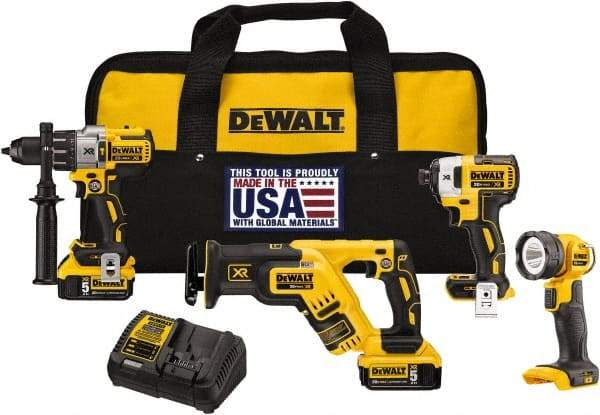 DeWALT - 20 Volt Cordless Tool Combination Kit - Includes 1/2" Brushless Hammerdrill, Brushless 1/4" Impact Driver, Brushless Reciprocating Saw & LED Worklight, Lithium-Ion Battery Included - Strong Tooling