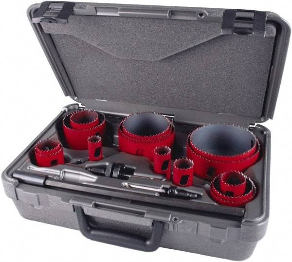 M.K. MORSE - 19 Piece, 3/4" to 4-1/2" Saw Diam, Industrial Hole Saw Kit - Bi-Metal, Toothed Edge, Pilot Drill Model No. MAPD301, Includes 5 Hole Saws - Strong Tooling