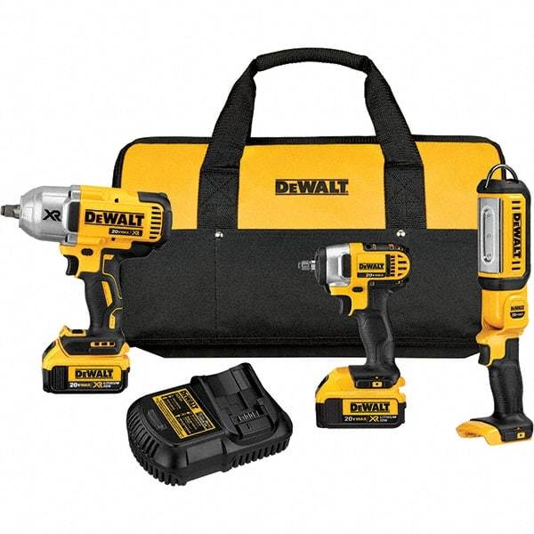 DeWALT - 20 Volt Cordless Tool Combination Kit - Includes 1/2" Impact Wrench, 3/8" Impact Wrench & Handheld Light, Lithium-Ion Battery Included - Strong Tooling