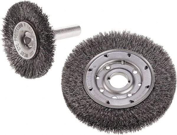 Camel Grinding Wheels - 1-1/2" OD, 1/4" Shank Diam, Crimped Steel Wheel Brush - 1-1/2" Face Width, 1/4" Trim Length, 0.012" Filament Diam - Strong Tooling