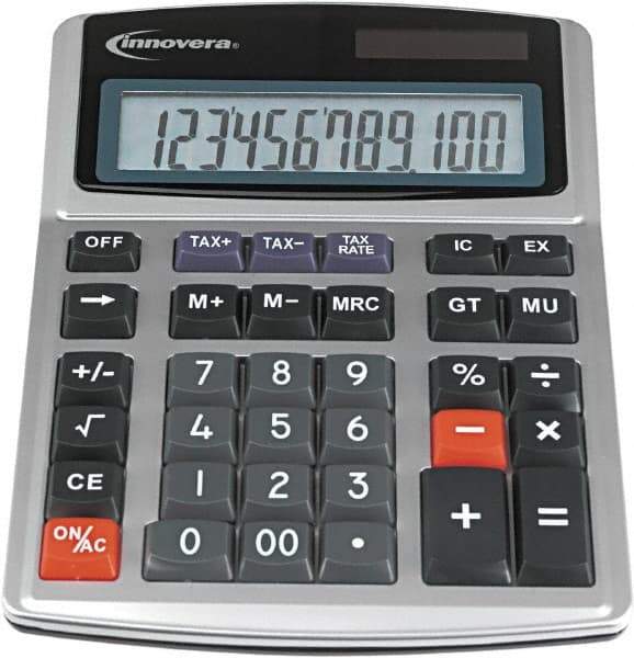 innovera - 12-Digit LCD 4 Function Financial Calculator - 21mm Display Size, Silver & Black, Solar & Battery Powered, 6-1/2" Long x 8-3/4" Wide - Strong Tooling