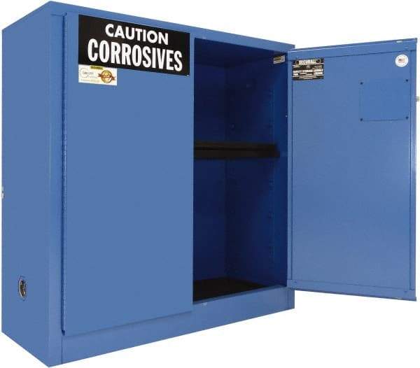 Securall Cabinets - 2 Door, 1 Shelf, Blue Steel Standard Safety Cabinet for Corrosive Chemicals - 44" High x 43" Wide x 18" Deep, Manual Closing Door, 3 Point Key Lock, 30 Gal Capacity - Strong Tooling