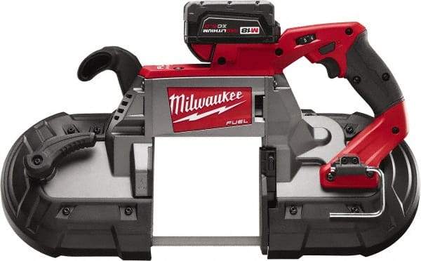 Milwaukee Tool - 18 Volt, 44-7/8" Blade, 380 SFPM Cordless Portable Bandsaw - 5" (Round) & 5 x 5" (Rectangle) Cutting Capacity, Lithium-Ion Battery Included - Strong Tooling