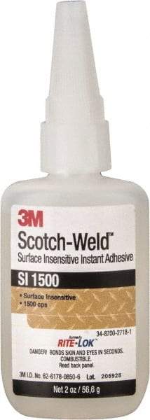 3M - 2 oz Bottle Clear Instant Adhesive - Series SI1500, 5 to 60 sec Working Time, 24 hr Full Cure Time, Bonds to Cardboard, Ceramic, Fabric, Fiberglass, Foam, Glass, Leather, Metal, Paper, Plastic, Rubber, Vinyl & Wood - Strong Tooling