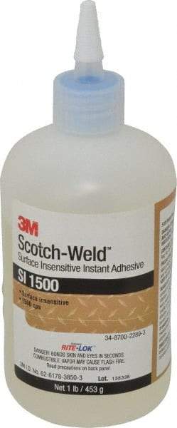 3M - 1 Lb Bottle Clear Instant Adhesive - Series SI1500, 5 to 60 sec Working Time, 24 hr Full Cure Time, Bonds to Cardboard, Ceramic, Fabric, Fiberglass, Foam, Glass, Leather, Metal, Paper, Plastic, Rubber, Vinyl & Wood - Strong Tooling