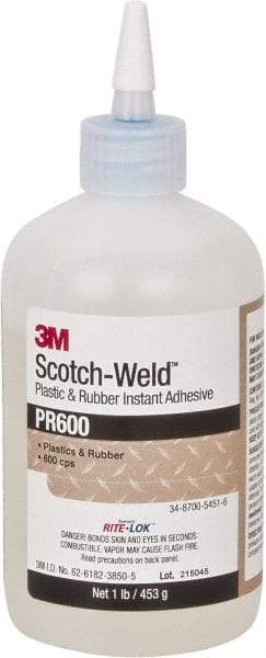 3M - 1 Lb Bottle Clear Instant Adhesive - Series PR600, 4 to 25 sec Working Time, 24 hr Full Cure Time, Bonds to Cardboard, Ceramic, Fabric, Fiberglass, Foam, Glass, Leather, Metal, Paper, Plastic, Rubber, Vinyl & Wood - Strong Tooling