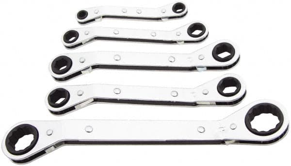 Lang - 5 Piece, 7 x 8 to 15 x 17mm, Ratcheting Box Wrench Set - Metric System of Measurement, Chrome Finish, Comes in Vinyl Roll - Strong Tooling