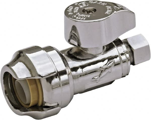 SharkBite - 1/2 & 1/4" Pipe, 200 psi WOG Rating, Brass Stop Valve - Chrome Finished Handle, Push Fit End Connections, For Potable Water Applications - Strong Tooling