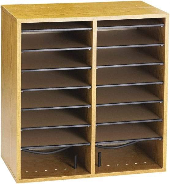 Safco - 19-1/2" Wide x 21" High x 11-3/4" Deep Laminated Compressed Wood Document Organizer - 16 Compartments, Medium Oak, 9" Wide x 2-1/4" High x 11-1/2" Deep Compartment - Strong Tooling