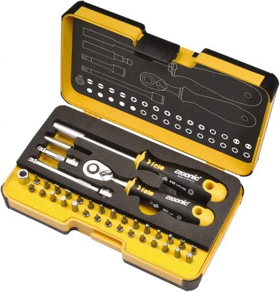 Felo - 36 Piece, 1/4" Drive Screwdriver Mini-Ratchet Bit Kit - #0 to #3 Phillips, 2 to 6mm Hex, T5 to T40 Torx, #1, #2 & #3 Pozidriv, 1/8, 5/32, 3/16, 7/32, 1/4 & 9/32" Slotted - Strong Tooling