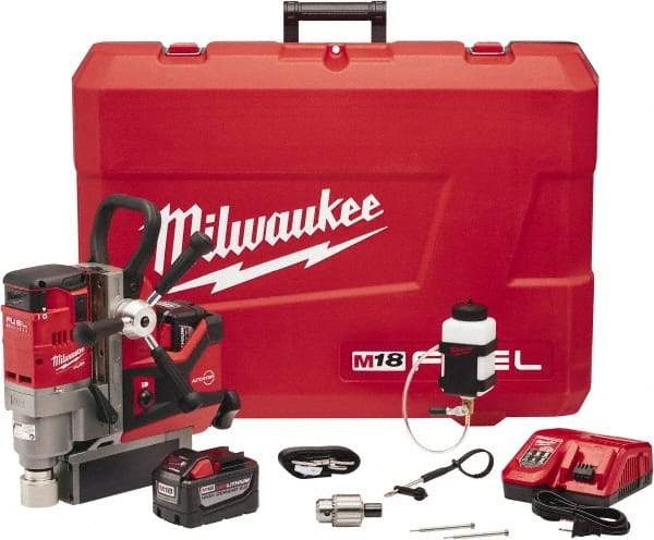 Milwaukee Tool - 1-1/2" Chuck, 5.75" Travel, Portable Magnetic Drill Press - 400 & 690 RPM, 9 Amps, 0.43 hp - Strong Tooling