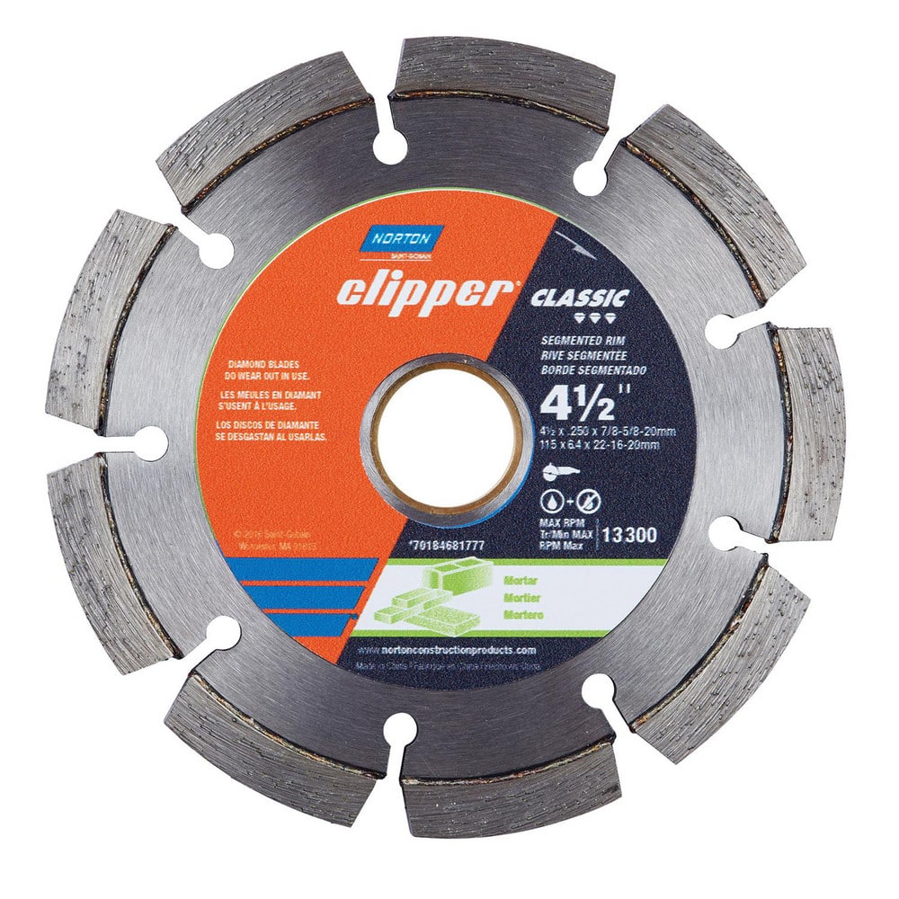 Wet & Dry Cut Saw Blade: 4-1/2″ Dia, 7/8 & 5/8″ Arbor Hole, 0.25″ Kerf Width, 9 Teeth High Speed Steel Teeth, Use on Masonry, Standard Arbor