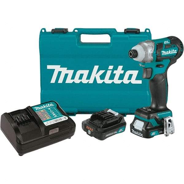 Makita - 12 Volt, 1/4" Drive, 100 Ft/Lb Torque, Cordless Impact Driver - Pistol Grip Handle, 3000 RPM, 2 Lithium-Ion Batteries Included - Strong Tooling