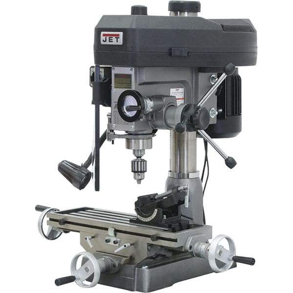 Jet - 1 Phase, 14-1/2" Swing, Step Pulley Mill Drill Combination - 23" Table Length x 7-1/2" Table Width, 14" Longitudinal Travel, 1 hp, 115/230 Volts - Strong Tooling