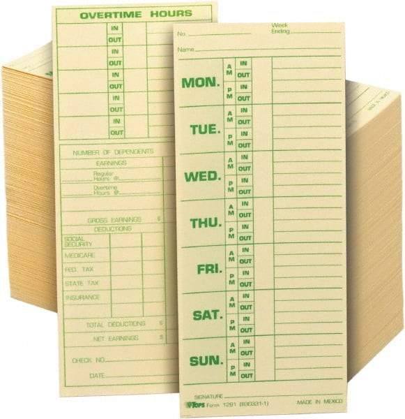 TOPS - 8-1/2" High x 3-1/2" Wide Weekly Time Cards - Manila, Use with Pyramid 331-10 - Strong Tooling