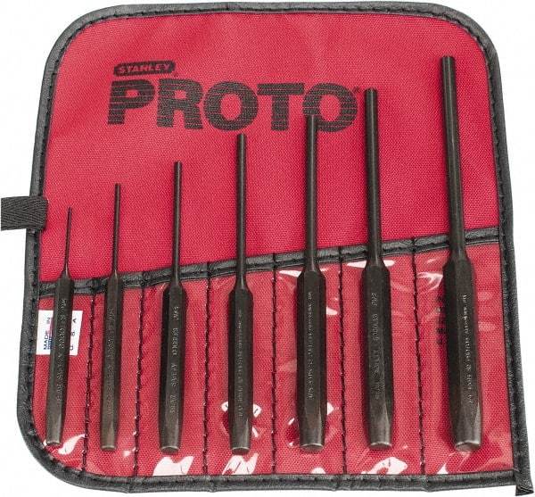 Proto - 7 Piece, 1/16 to 1/4", Pin Punch Set - Hex Shank, Steel, Comes in Tool Roll - Strong Tooling