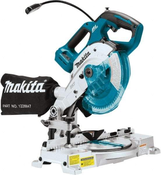 Makita - 36 Amp, 18 Volt, 5,000 RPM, 52° Double Bevel Miter Saw - 5/8" Arbor, 6-1/2" Blade Diam, Includes Triangular Rule, Vertical Vise, Dust Bag, (1) 6-1/2" x 5/8" 64T Micro-Polished Miter Saw Blade & Hex Wrench - Strong Tooling