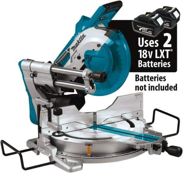 Makita - 36 Amp, 18 Volt, 4,400 RPM, 60° Double Bevel Sliding Miter Saw - 5/8" Arbor, 10" Blade Diam, Includes Vertical Vise, Triangular Rule, Dust Bag, Hex Wrench, 10" x 5/8" 40T Micro-Polished Miter Saw Blade & Wireless Unit - Strong Tooling