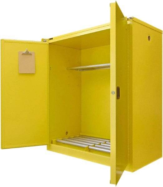 Securall Cabinets - 56" Wide x 31" Deep x 67" High, 18 Gauge Steel Vertical Drum Cabinet with 3 Point Key Lock - Yellow, Self-Closing Door, 1 Shelf, 2 Drums, Drum Rollers Included - Strong Tooling