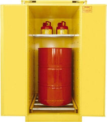 Securall Cabinets - 31" Wide x 31" Deep x 67" High, 18 Gauge Steel Vertical Drum Cabinet with 3 Point Key Lock - Yellow, Self-Closing Door, 1 Shelf, 1 Drum, Drum Rollers Included - Strong Tooling