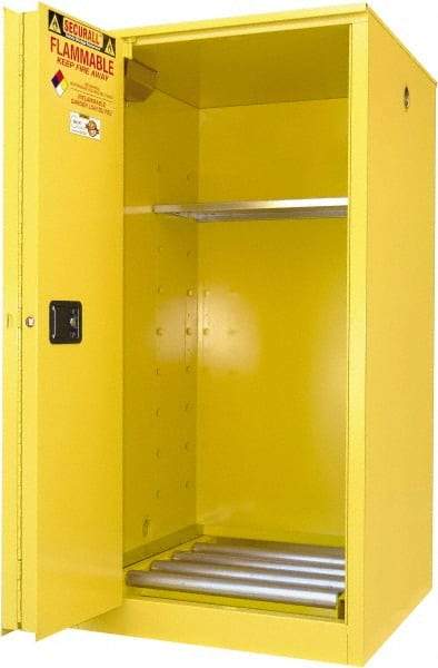 Securall Cabinets - 34" Wide x 34" Deep x 65" High, 18 Gauge Steel Vertical Drum Cabinet with 3 Point Key Lock - Yellow, Sliding Door Door, 1 Shelf, 1 Drum, Drum Rollers Included - Strong Tooling