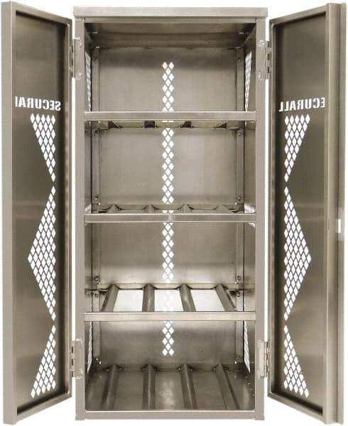 Securall Cabinets - 2 Door, 4 Shelf, Silver Aluminum Standard Safety Cabinet for Flammable and Combustible Liquids - 65" High x 30" Wide x 32" Deep, Manual Closing Door, Padlockable Hasp, 20 or 33 Lb Cylinder Capacity - Strong Tooling