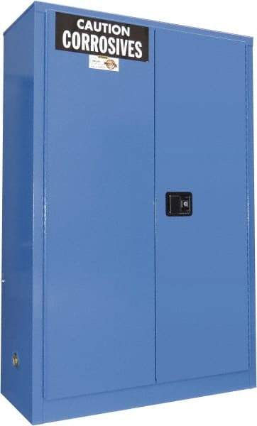 Securall Cabinets - 2 Door, 2 Shelf, Blue Steel Standard Safety Cabinet for Corrosive Chemicals - 65" High x 43" Wide x 18" Deep, Manual Closing Door, 3 Point Key Lock, 45 Gal Capacity - Strong Tooling