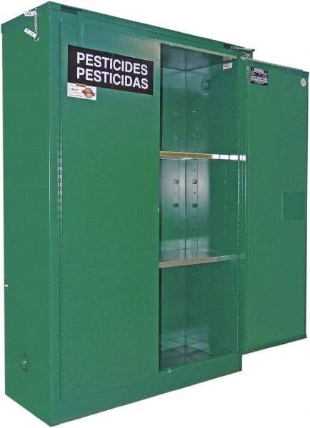 Securall Cabinets - 2 Door, 1 Shelf, Green Steel Standard Safety Cabinet for Flammable and Combustible Liquids - 67" High x 31" Wide x 31" Deep, Self Closing Door, 3 Point Key Lock, 60 Gal Capacity - Strong Tooling